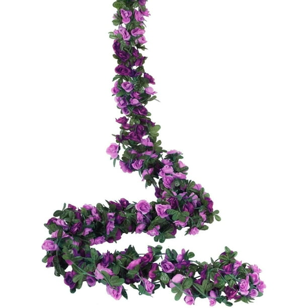 Guirnalda de rosas artificiales, 3 unidades, 135 flores, guirnalda de flores falsas para decoración de bodas, hogar, jardín, fiesta (morado)