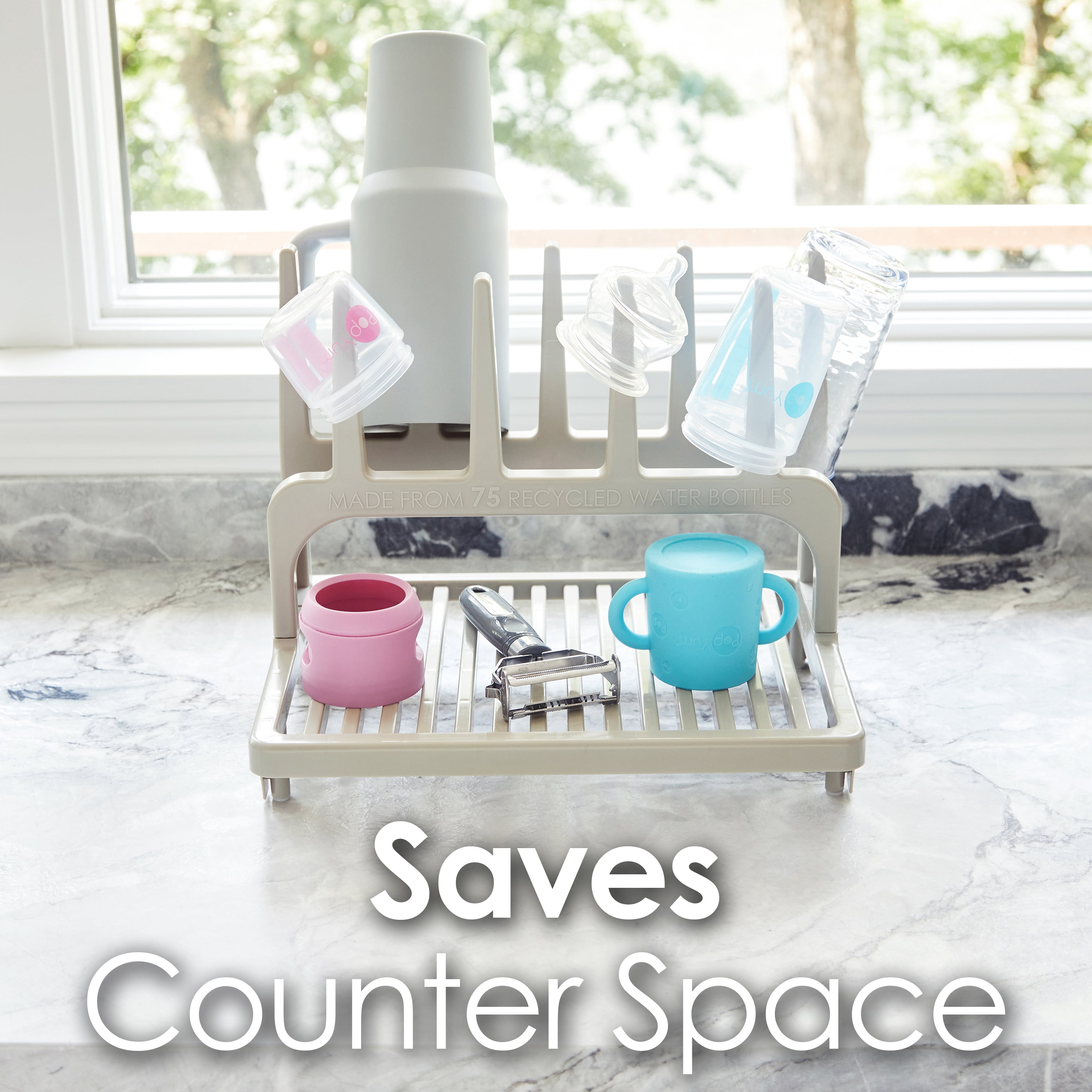 PopYum Seattle Gray Space Saving Drying Rack from 100% Recycled Bottles, countertop for baby bottles