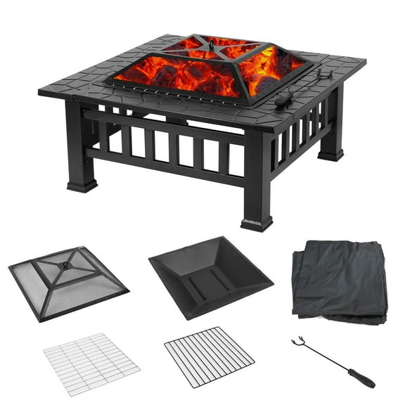 MMTX Upland Fire Pit for Outdoor Indoor, Charcoal Brazier Barbecue Grill Protect Floor with Cover, Fire Poker