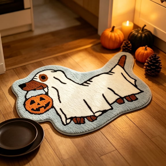 Halloween Dachshund Ghost Shaped Area Rug, 24 x 16 Inch Pumpkin Trick‑or‑Treat Dog Pattern Non‑Slip Accent Mat for Entryway, Bathroom & Living Room Indoor Halloween Home Decor