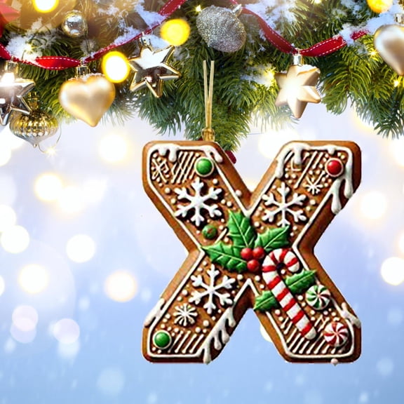 Personalized Christmas Letter X Ornament, DIY Gingerbread Acrylic Alphabet Decoration with Holly and Candy Cane, Hanging Tree Gift Tag for Party