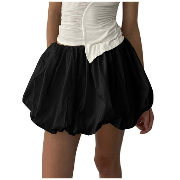Tfken Summer Women Skirts Elastic Waist Solid Color Mini Bubble Skirts Trendy Daily Wear Female Classic Clothes Black