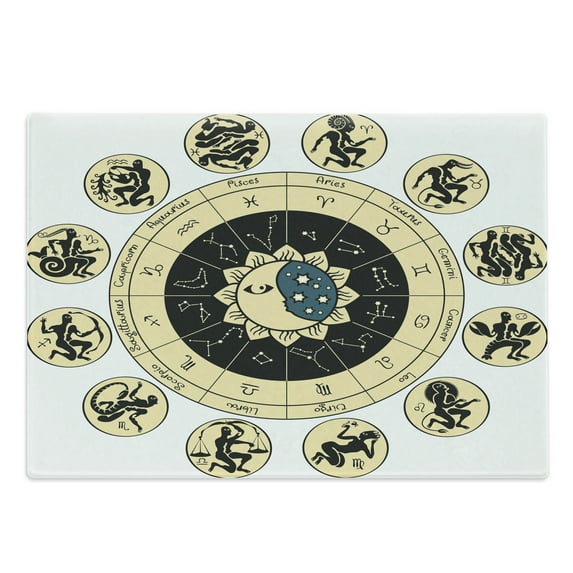 Astrology Cutting Board, Ethnical Tribal Horoscope Chart Signs and Names Image Print, Decorative Tempered Glass Cutting and Serving Board, Large Size, Black White and Yellow, by Ambesonne