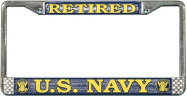 US NAVY Veteran Metal Chrome License Plate Frame Blue Yellow " Made in USA " 