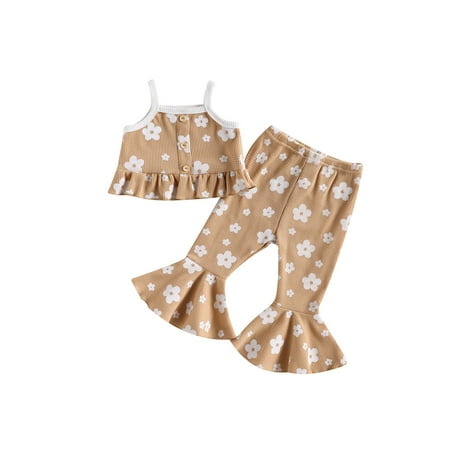 

Blotona Toddle Girls Summer Outfits Set 12M 18M 24M 3T 4T 5T Kids Casual Clothing Floral Print Sleeveless Ruffled Camisole and Elastic Flared Pants Set