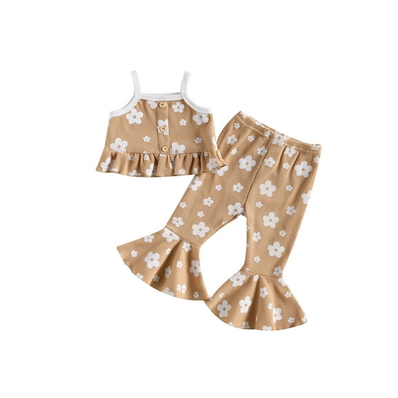 Bagilaanoe 3pcs Toddler Baby Girl Long Pants Set Floral Print Sleeveless Ruffled Camisole Tops Flare Trousers 12M 18M 24M 3T 4T 5T Kid Casual Outfits