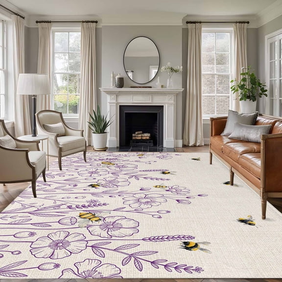 Rectangle Area Rugs 8 x 10 Ft, Spring Flowers Non-Slip Residential Carpet, Farmhouse Botanical Purple Floral Bees Indoor Crawling Mats Runner Rugs for Living Room/Dining Room/Bedroom
