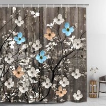 Rustic Shower Curtain Set Grey Watercolor Flower Bath Curtain 12 Hooks Country Farm Style Fabric Wooden Background Waterproof Shower Curtains 72×72 Inches