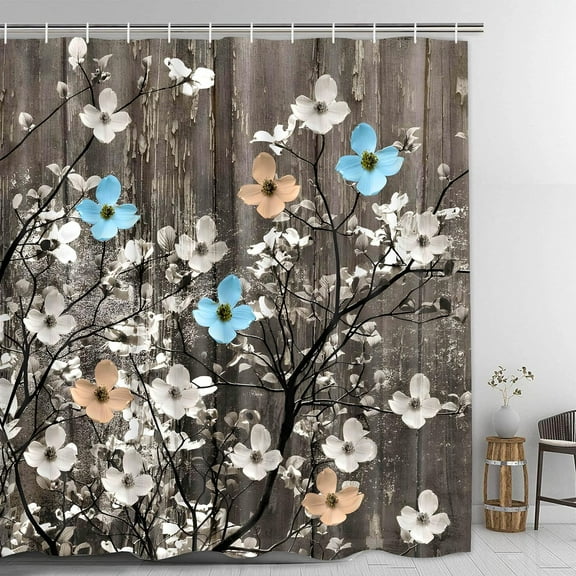 Rustic Shower Curtain Set Grey Watercolor Flower Bath Curtain 12 Hooks Country Farm Style Fabric Wooden Background Waterproof Shower Curtains 72×72 Inches