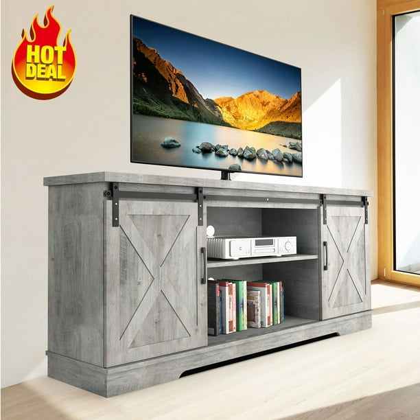 HOSSLLY Farmhouse Sliding Barn Door TV Stand for 65" TVs, Wooden