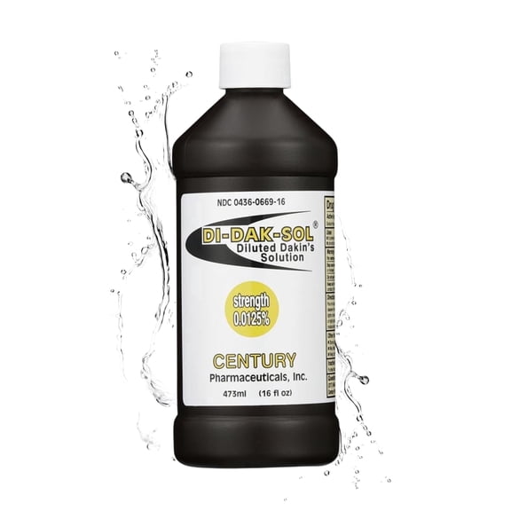 Dakin's Di-Dak-Sol Diluted Solution 0.0125% Sodium Hypochlorite Wound Cleanser for Acute and Chronic Wounds, Antimicrobial No-Rinse Formula 16 oz