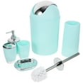 thumbnail image 1 of GOOHOCHY Juego de 6 accesorios de baño de plástico, nuevo estilo, dispensador de loción, soporte para cepillo de dientes, vaso, jabonera, cepillo de baño y bote de basura (verde)., 1 of 8