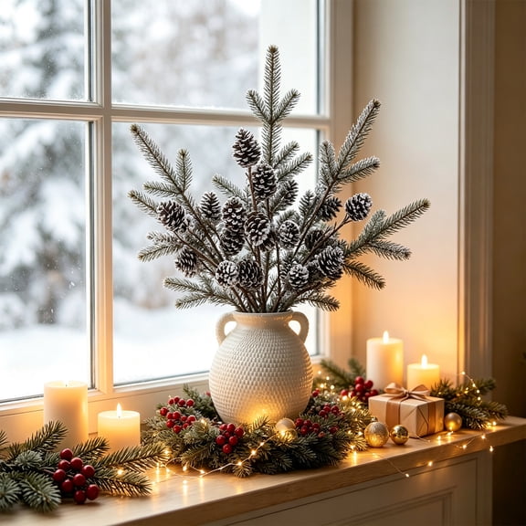 Trovenix Artificial Snow Dusted Pinecone Branch Picks Rustic Winter Twig Stems Faux Dried Flower Arrangement for Christmas Wreaths Farmhouse Table Centerpiece