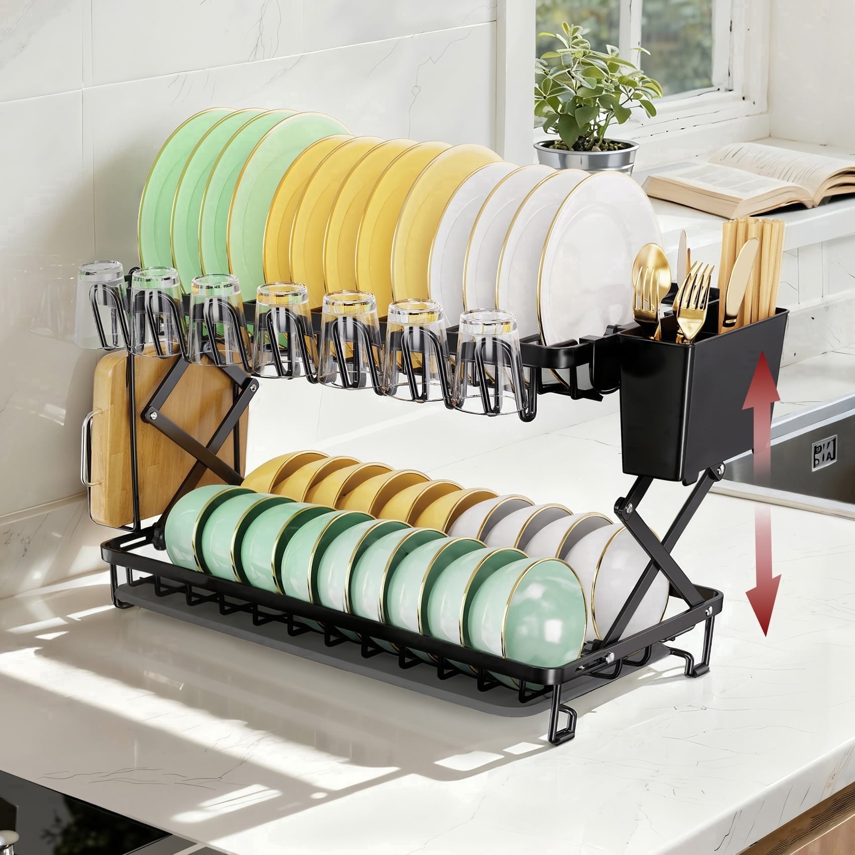 Glovv 2-Tier Collapsible Dish Drying Rack, Large Dish Racks for Kitchen Counter, Dish Drainer Sink Organizer with Utensil Holder for Dishes, Spoons and Forks, Black