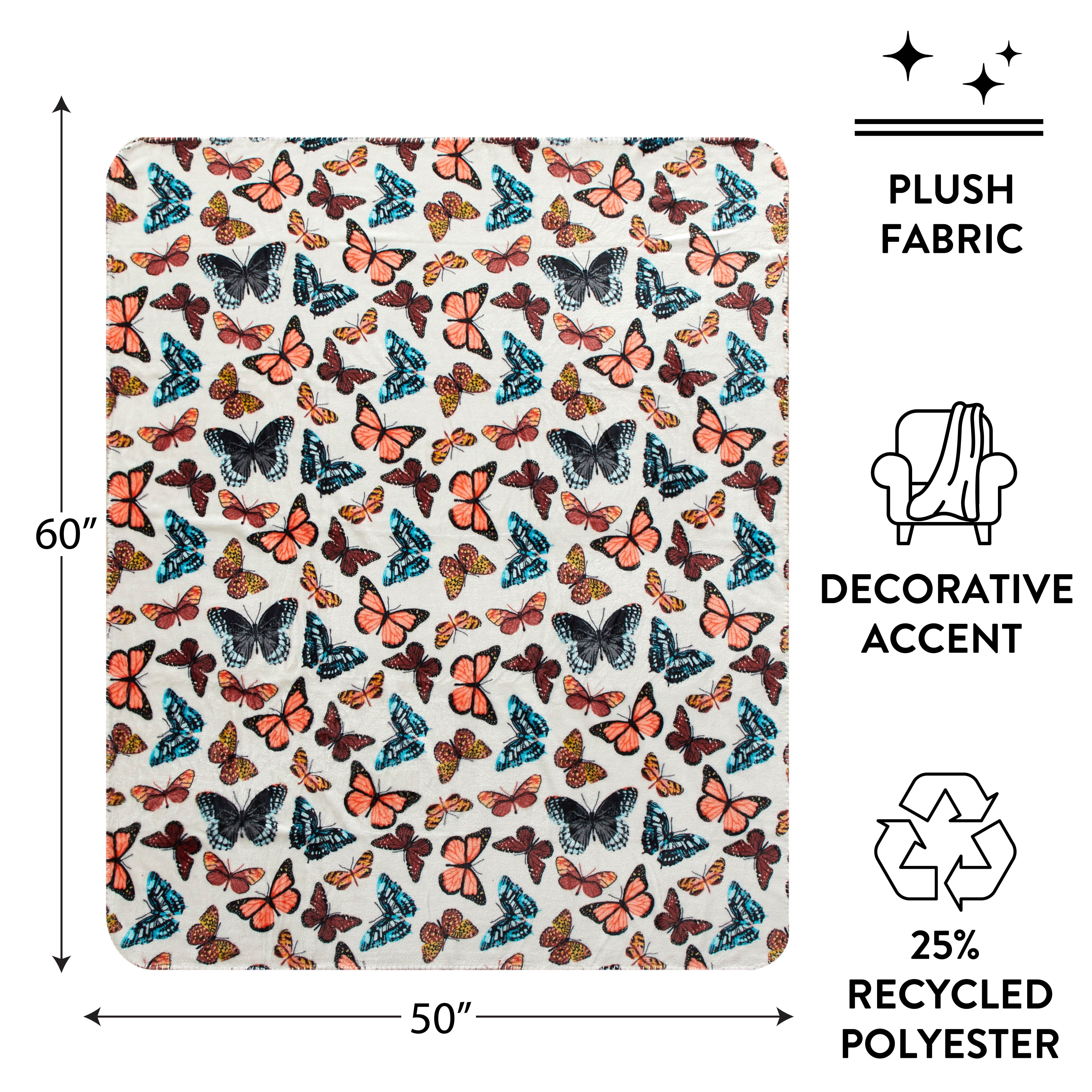 Mainstays Plush Throw with 25% Recycled Polyester, 50" x 60", Butterfly