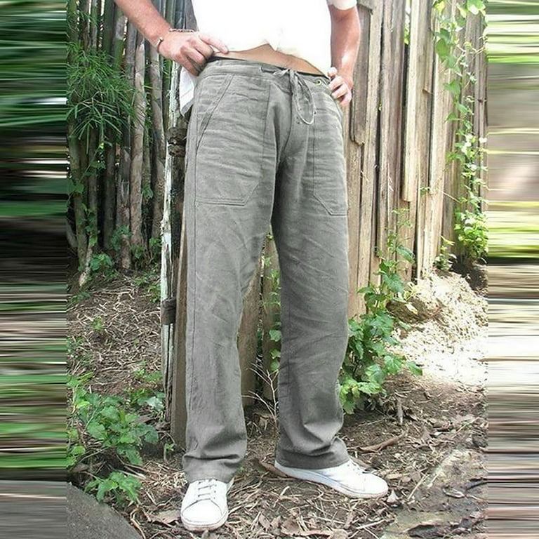 Work Pants Mens Fashion Casual Loose Cotton Plus Size Pocket Lace Up  Elastic Waist Pants Trousers Green