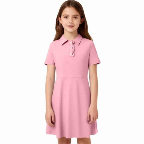 Cethrio Girls Casual Dresses, Summer Collared Mid-length Short Sleeve School Uniform Dresses Pink Size 14-16