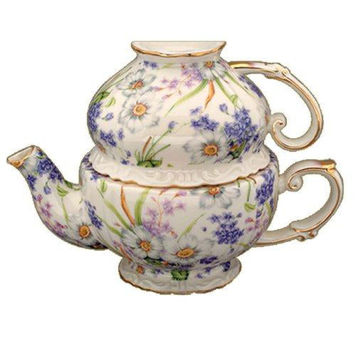 Blue Cottage Rose Chintz Stacked Teapot Cup Saucer Gracie China by Coastline Imports 4-Piece Porcelain Tea for One 