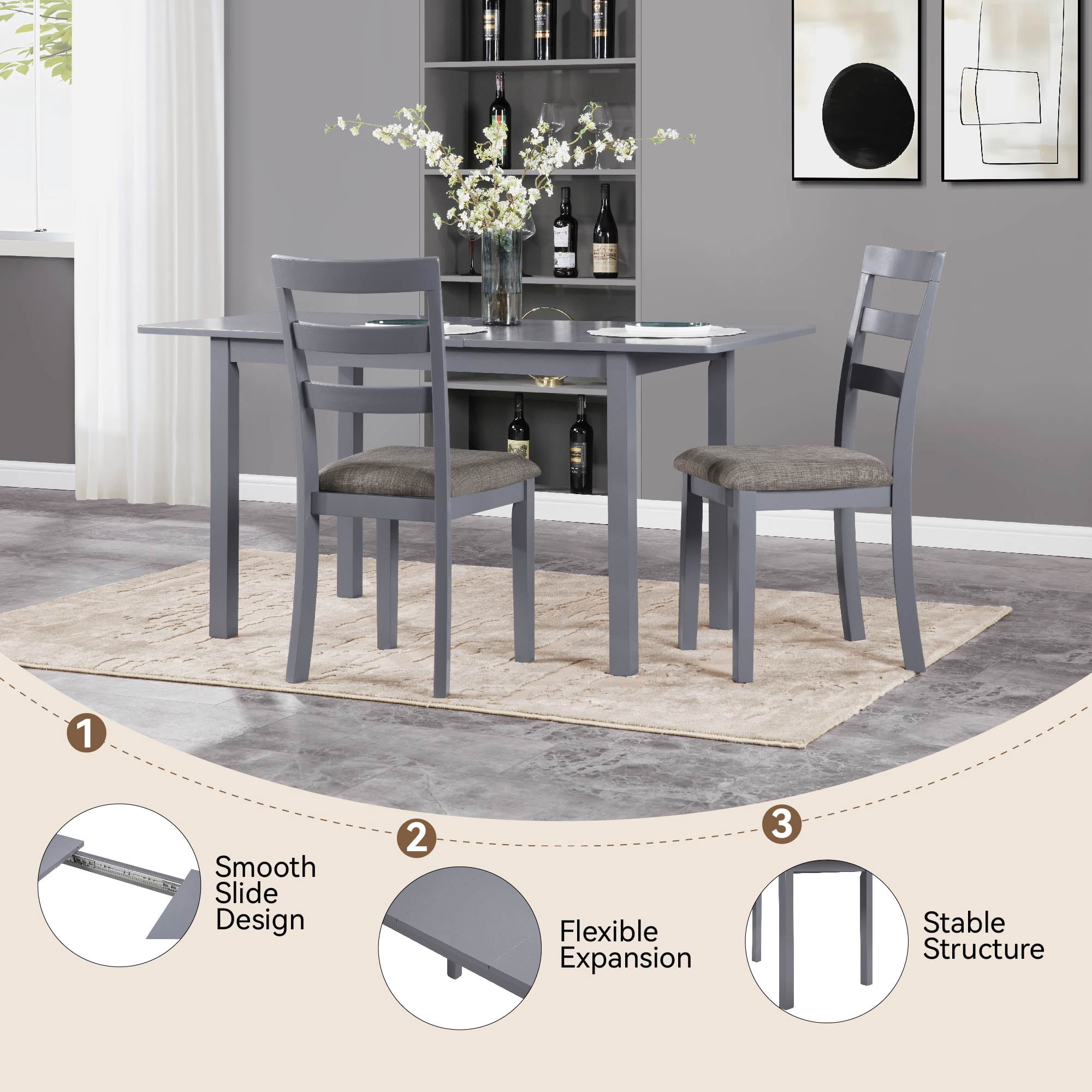 MAYEERTY 59'' Extendable Dining Table – Modern Wooden Kitchen Table for 4-8 People, Space-Saving Design for Dining Room, Office, and Living Room,Dark Gray