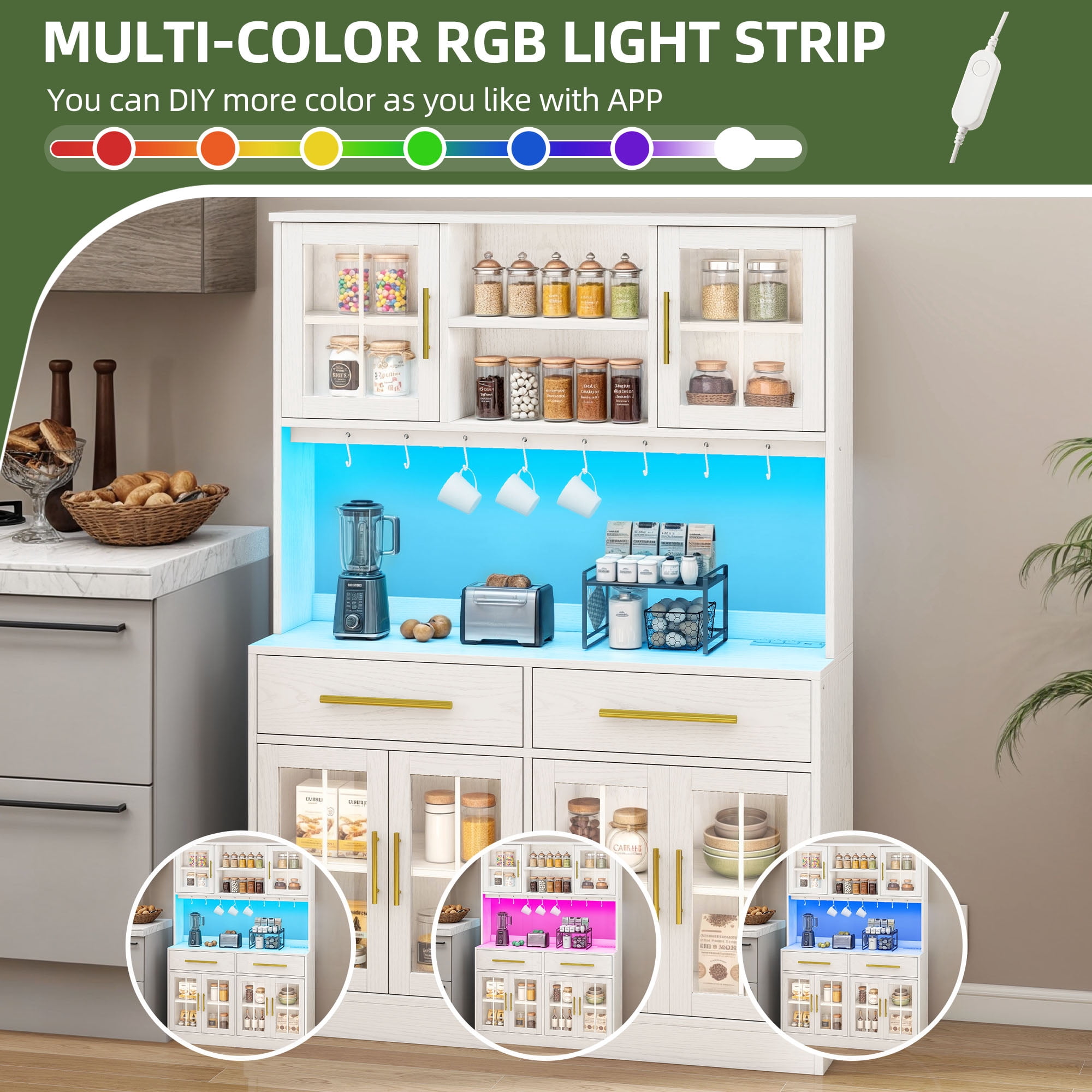 Uforic 71'' Tall Kitchen Pantry Storage Cabinet with 6 Doors, 2 Drawers, Freestanding Kitchen Hutch with Microwave Stand & Power Outlet, White