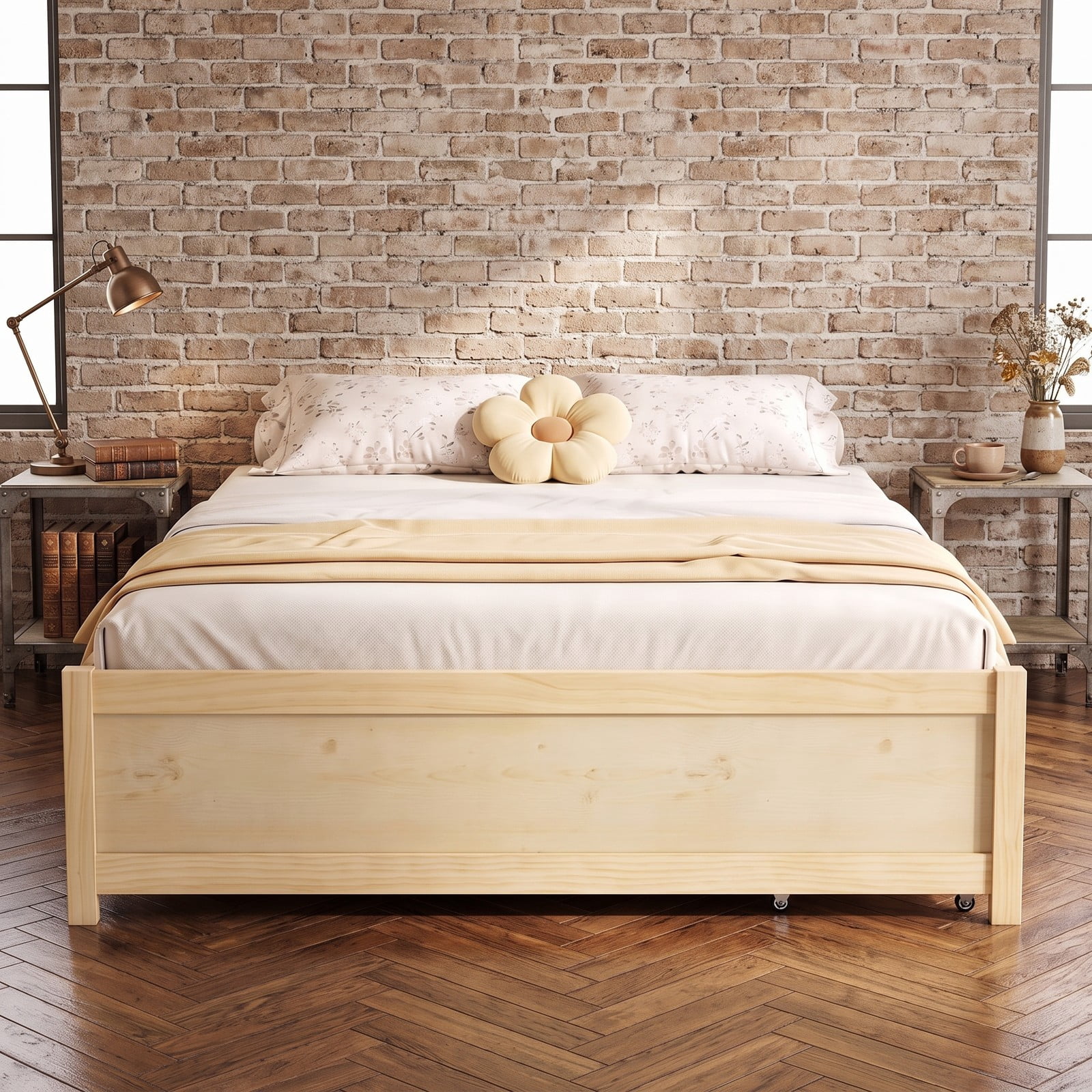 Furnibear Full Size Bed Frame with Storage, Wooden Platform Bed Frame with 2 Rolling Drawers, Full Bed Frame No Box Spring, Natural