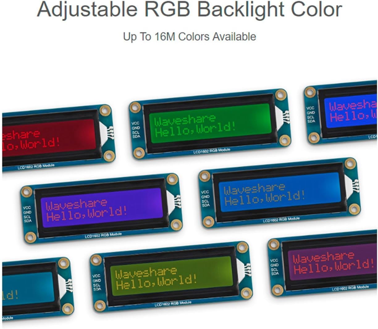 LCD1602 RGB Module 16x2 Characters LCD, Adjustable RGB Backlight Color, 16M Backlight Colors 3.3V/5V Operating Voltage, I2C Bus for /Pi Pico/for Arduino/Jetson Nano Developer Kit