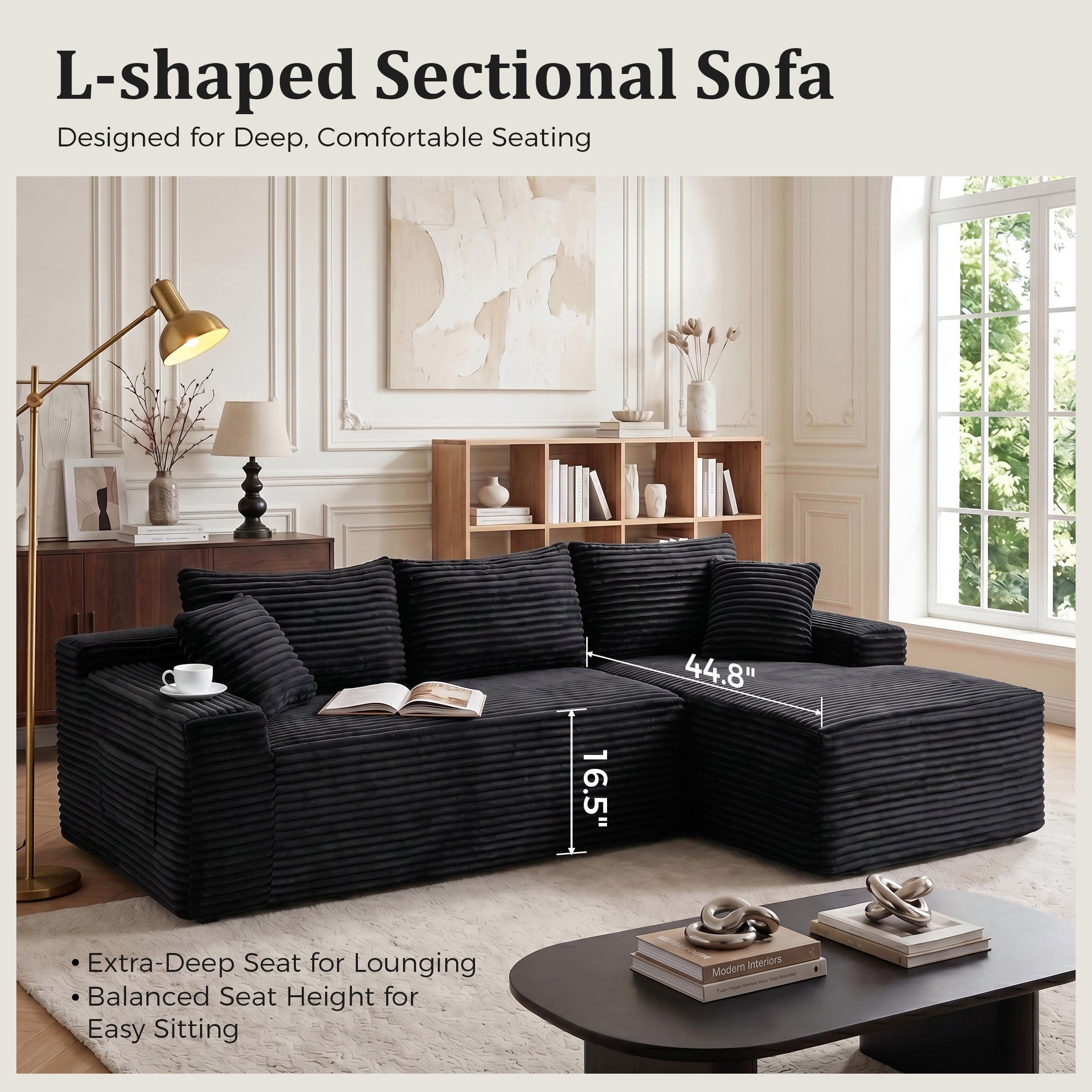 Aenkyo 95 Inch Corduroy L-Shaped Modular Sectional Sofa, Right Chaise, Black