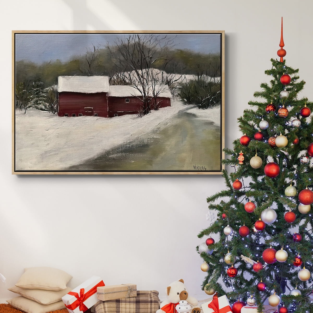 Winter Homestead II - Framed Gallery Wrapped Holiday Canvas - 27 x 41 - Natural Wood Frame
