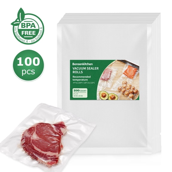 Bonsenkitchen 100ct Pre-cut Vacuum Sealer Bags, 8" x 12" Quart Size | BPA Free, Commercial Grade Embossed Texture for Sous Vide & Freezer Storage (VB3205)