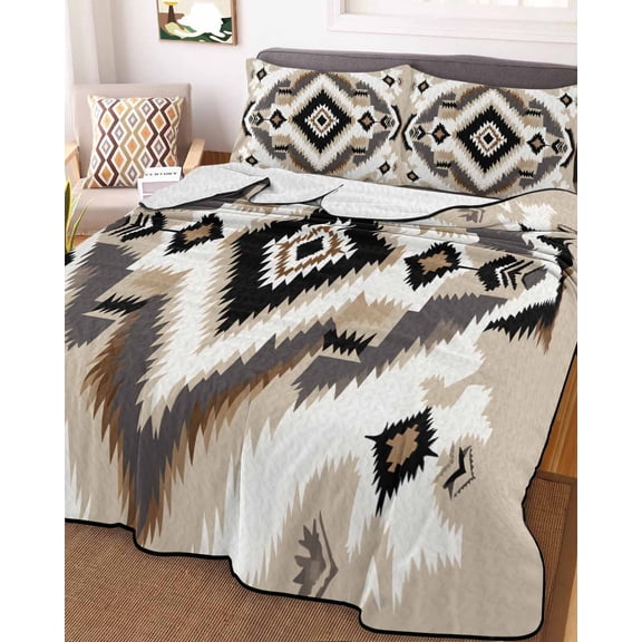 Black Brown Queen Size Down Alternative Comforter, Lightweight Comforter Quilt Bedding Set with Pillow Shams Boho Vintage Southwestern Ethnic Geometric All Seasons Bed Comforter Duvet Insert 90"x96"