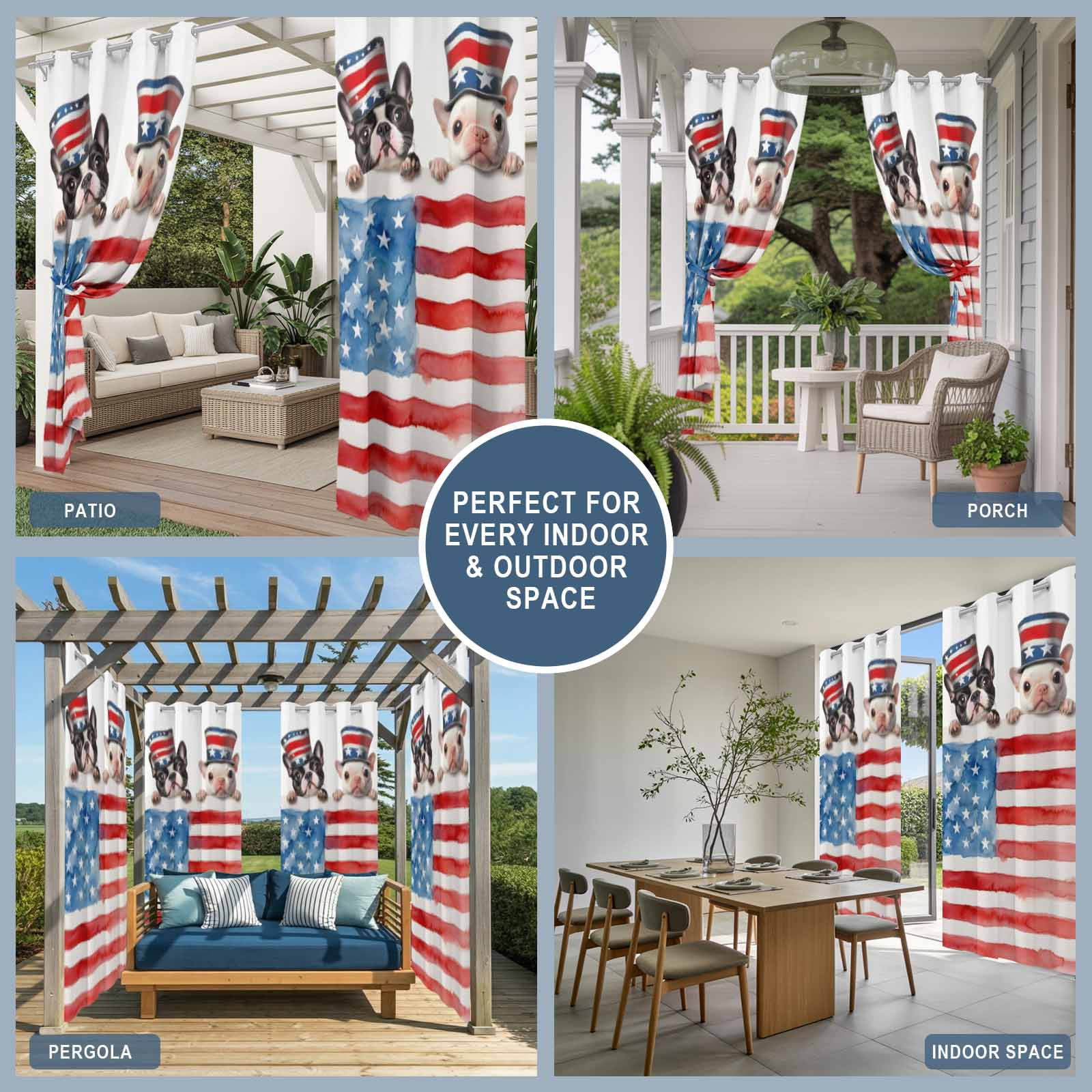Independence Day Outdoor Curtains for Patio, Watercolor Red Blue Flag Hat Dog Parrot Sunshade Privacy Drapes Grommet Waterproof Outside Curtains for Porch/Cabana/Balcony 54"x 108", 1 Panel