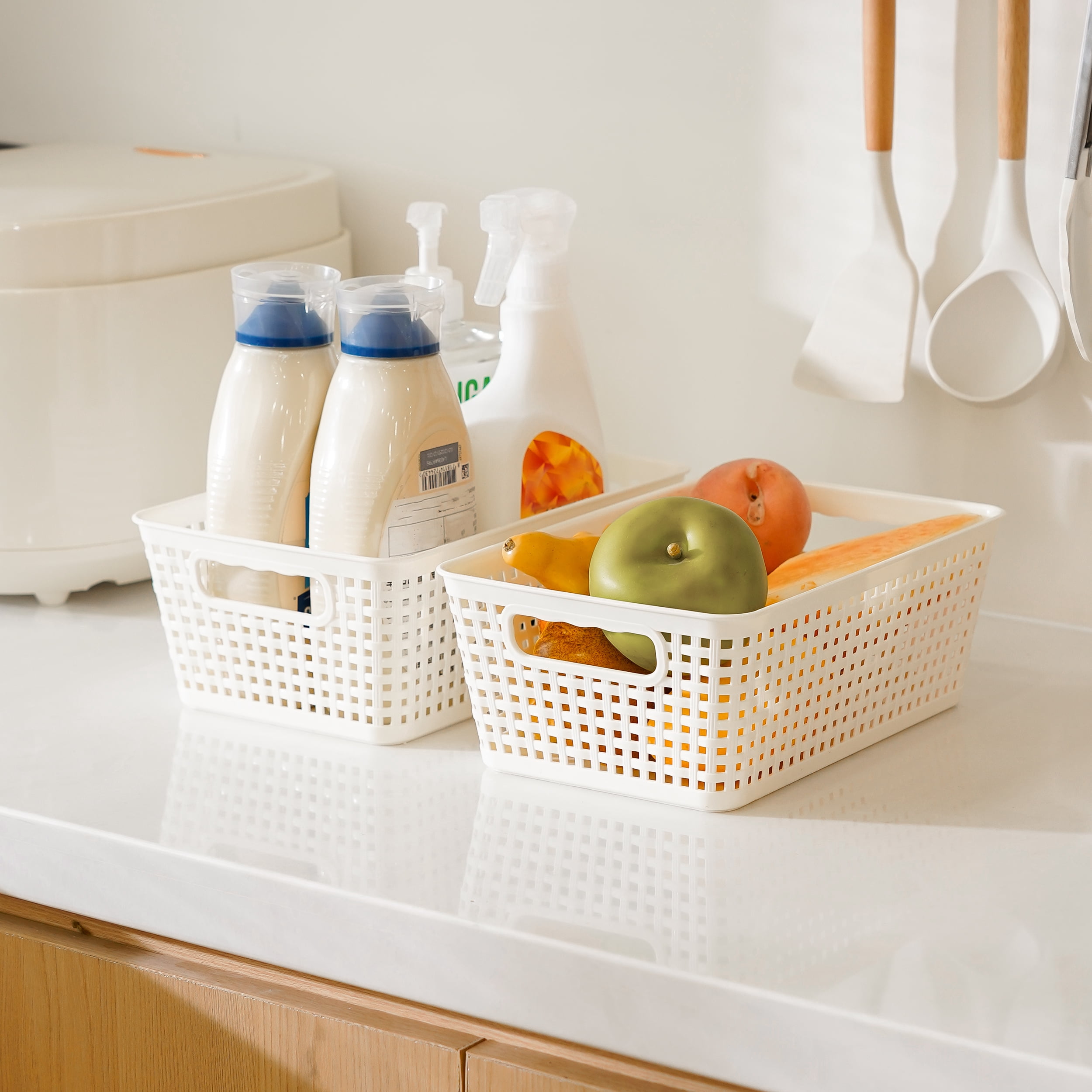 Small Plastic Storage Basket with Lid Handle 7x10.9x4 in Cream White 6 Pack