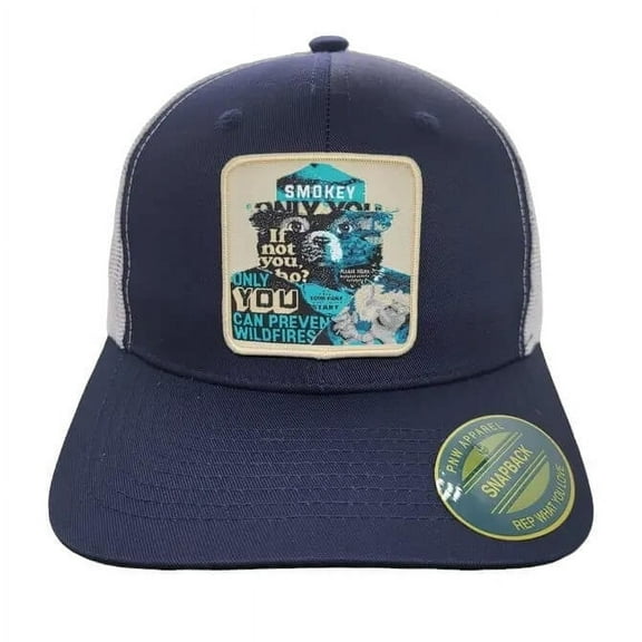 Smokey the Bear Hat - Mesh Back Snapback - Navy Blue on White Mesh