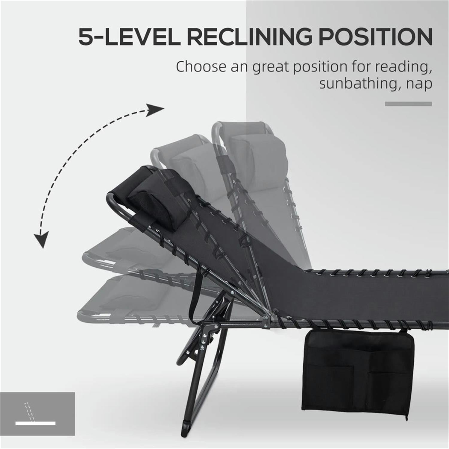 Demi Bonn 2 Piece Outdoor Folding Lounger Chaise with Reclining, Heavy Duty Frame, Portable Relaxation for Beach, Yard, Patio, Black