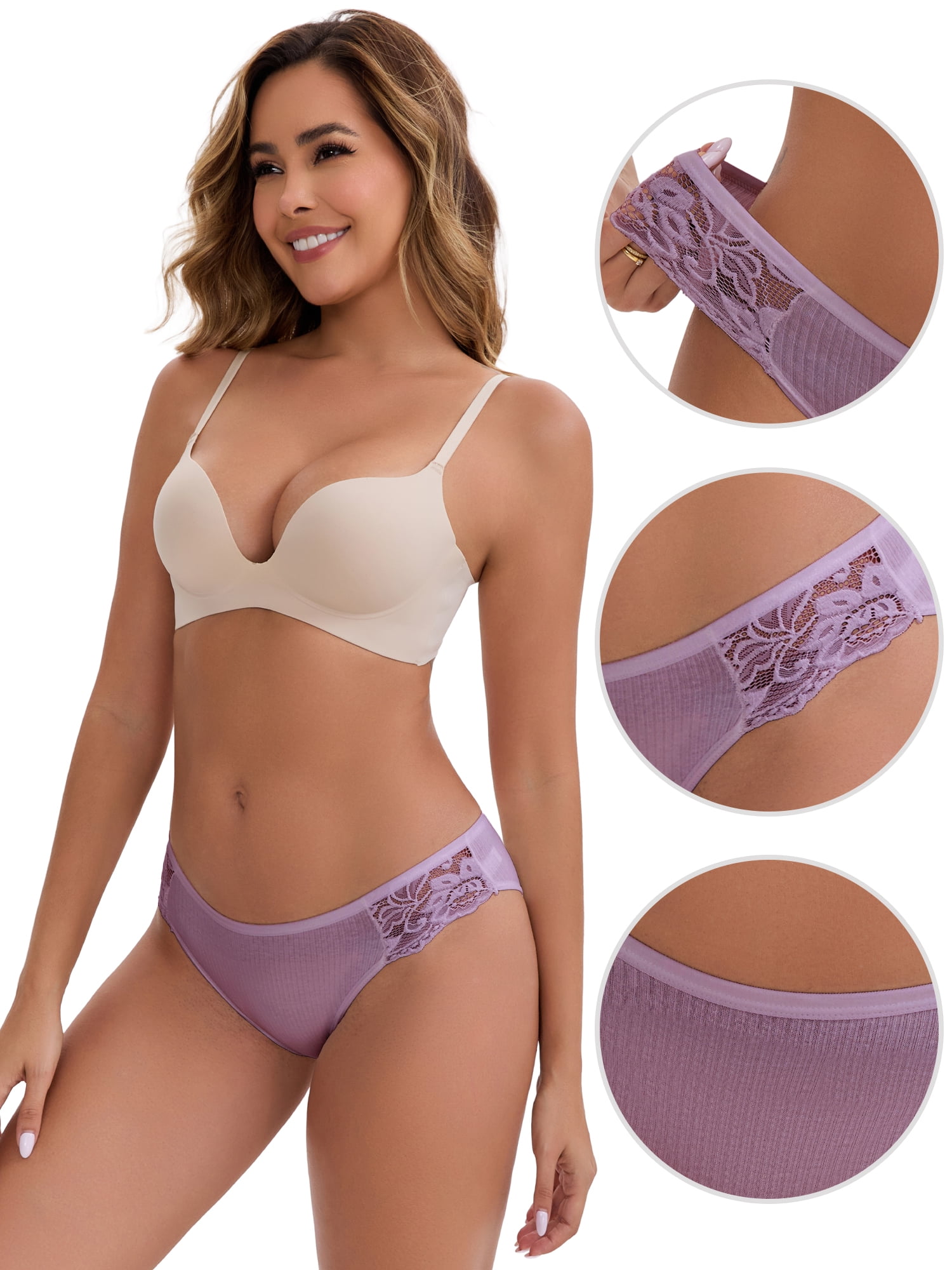 DARING DIVA Women's Lace Ribbed Low Waisted Butt Lifting Underwear S Purple