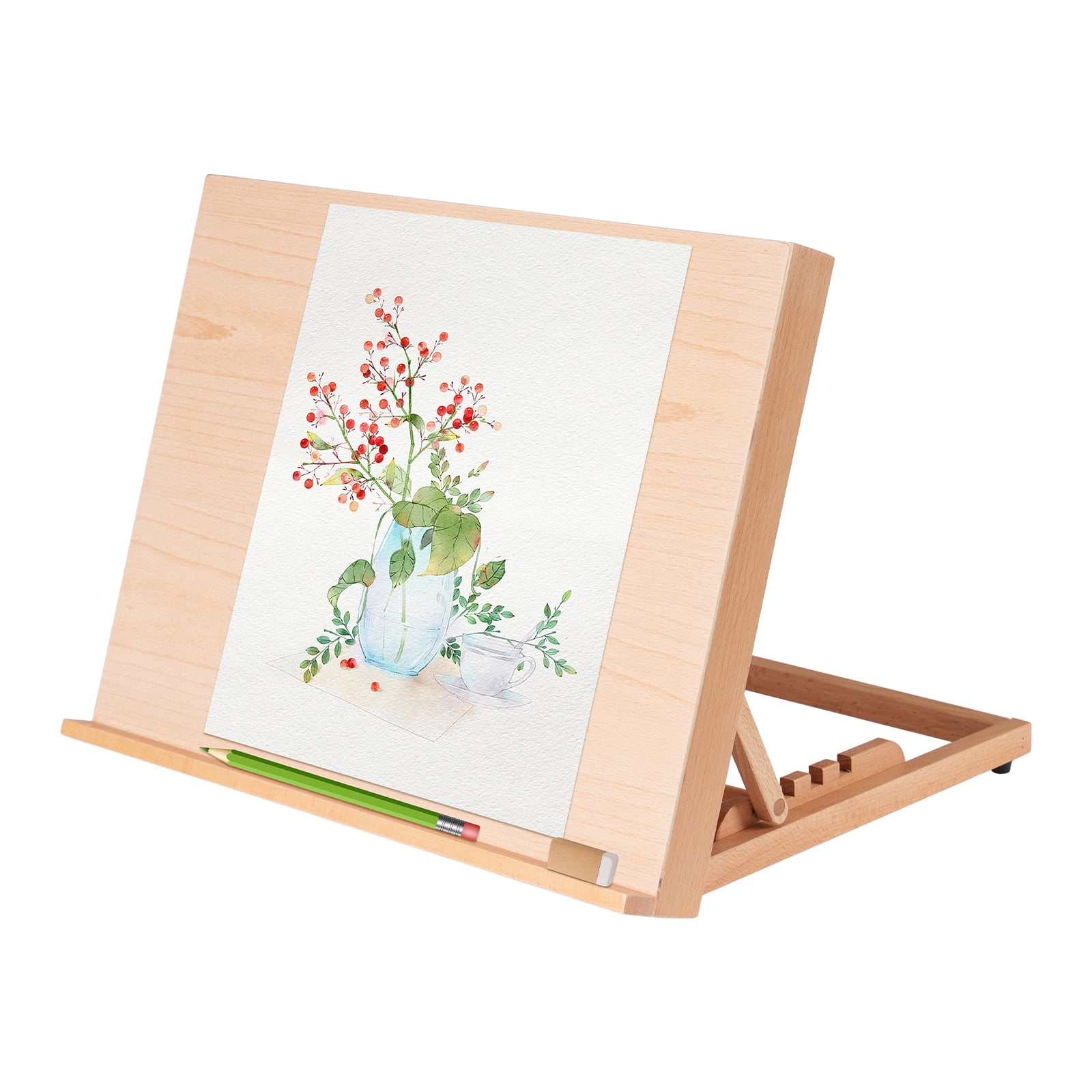 Natural Adjustable Painting Board Stand Portable Beech Wood Desk Drawing Board Stand Easel Wooden Artist Desktop Adjustable Angle for Canvas, Drawing Painting Sketching Book Stand