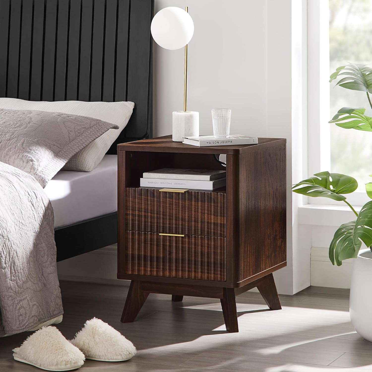 OKD Mid-Century Modern Nightstand with Charging Station, Wood End Table Side Table for Living Room, Fluted Panel, Dark Walnut