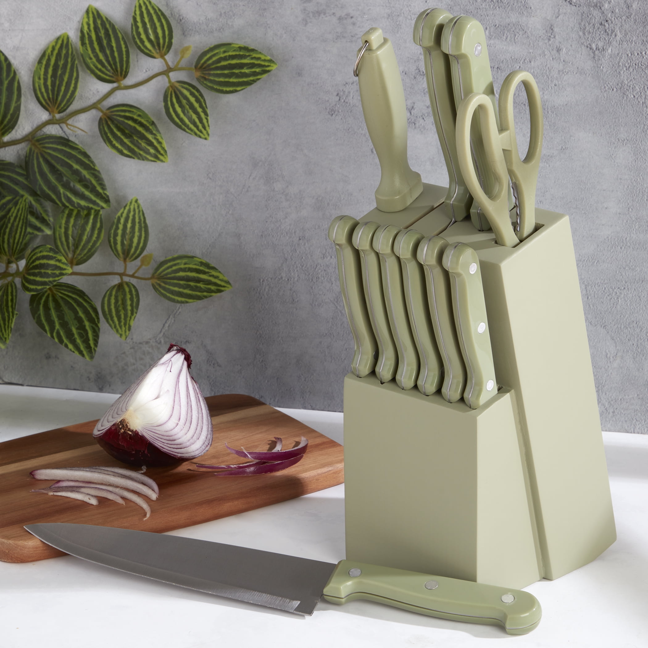 Basic Essentials 12 Piece Stainless Steel Kitchen Knife Set with Wood Block, Sage Green