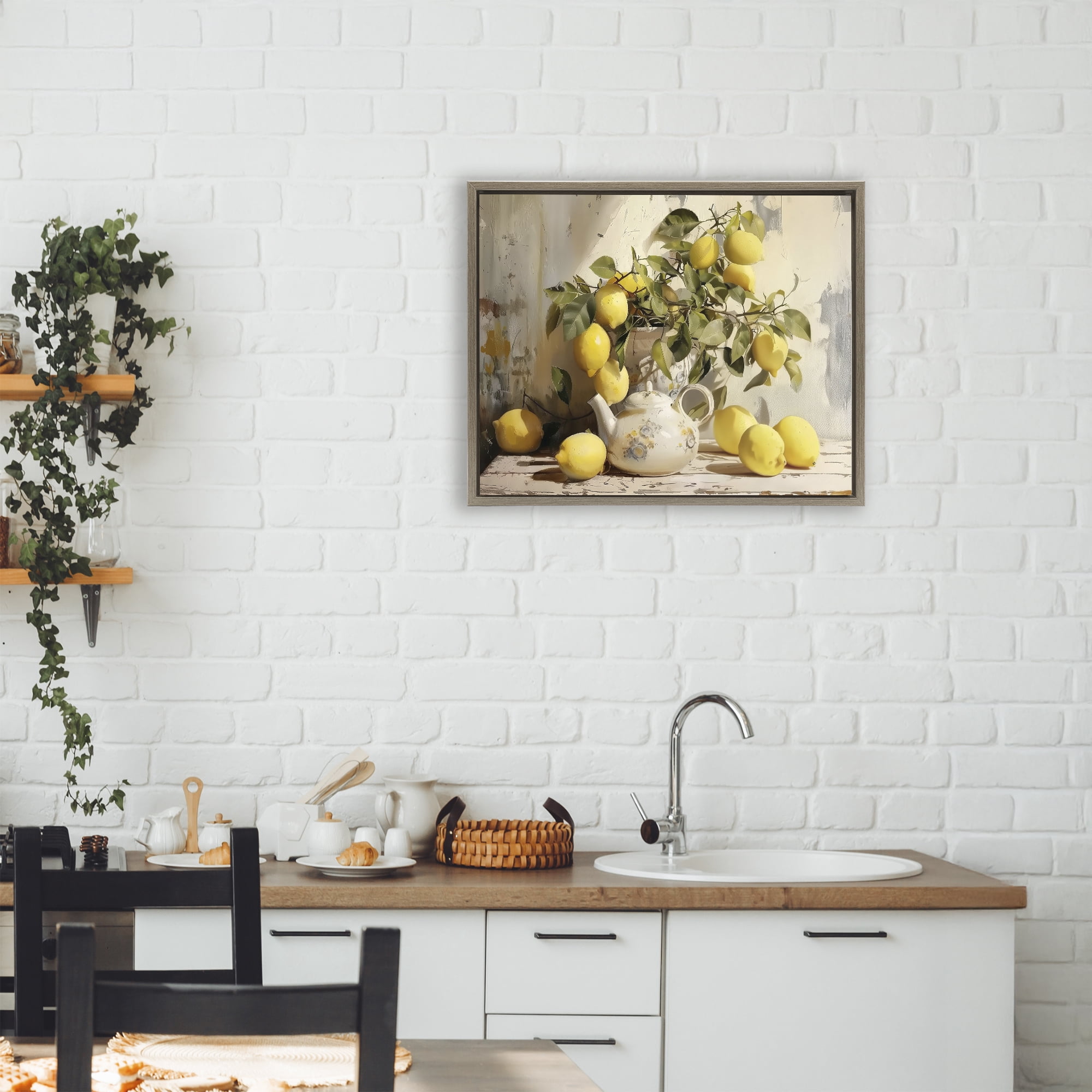 Stupell Industries Lemon Still Life with Teapot Brown Framed Floater Canvas Wall Art, design by LSR Design Studio