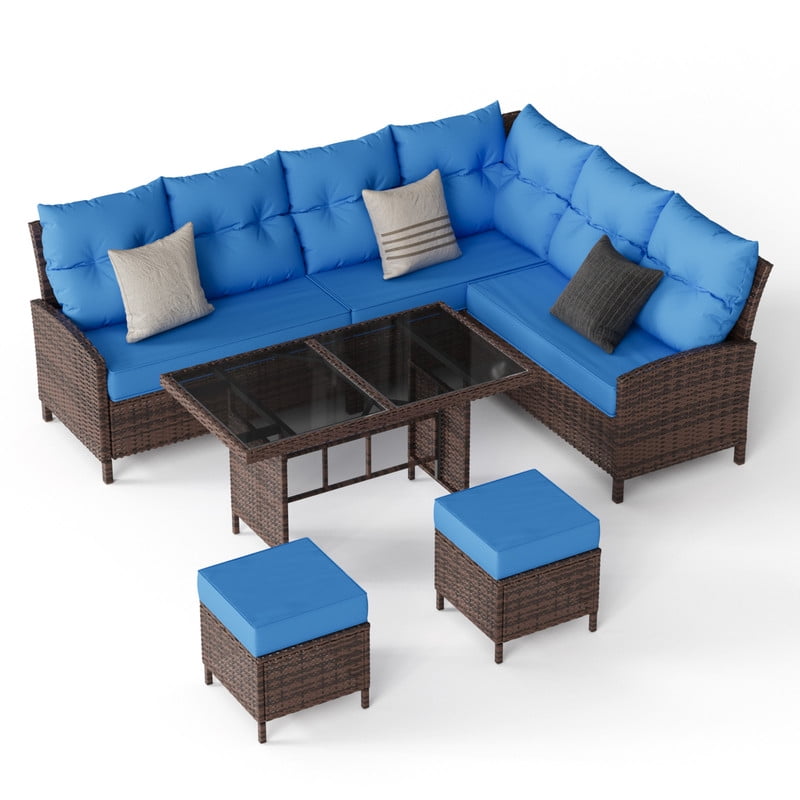 AMOPATIO 7-Piece Patio Furniture Set, Outdoor Sectional Sofa with Dining Table, All Weather Rattan Conversation Set with Ottoman, Navy