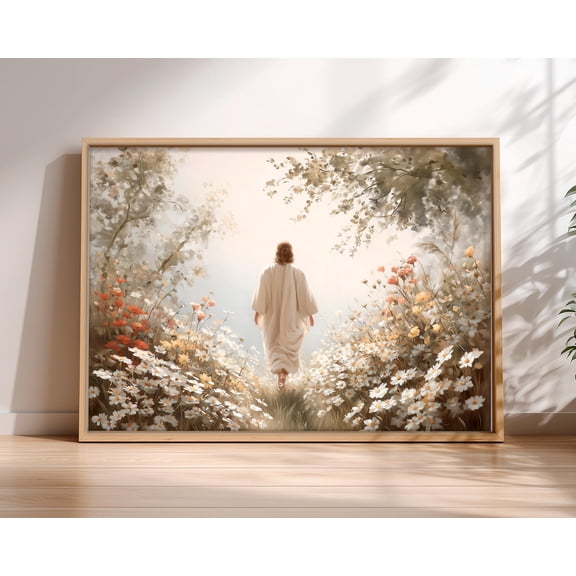 Jesus Walking In A Field Wall Art Landscape: Religious, Scripture UNFRAMED Poster, Wall Art for Decor, Present, 8x12