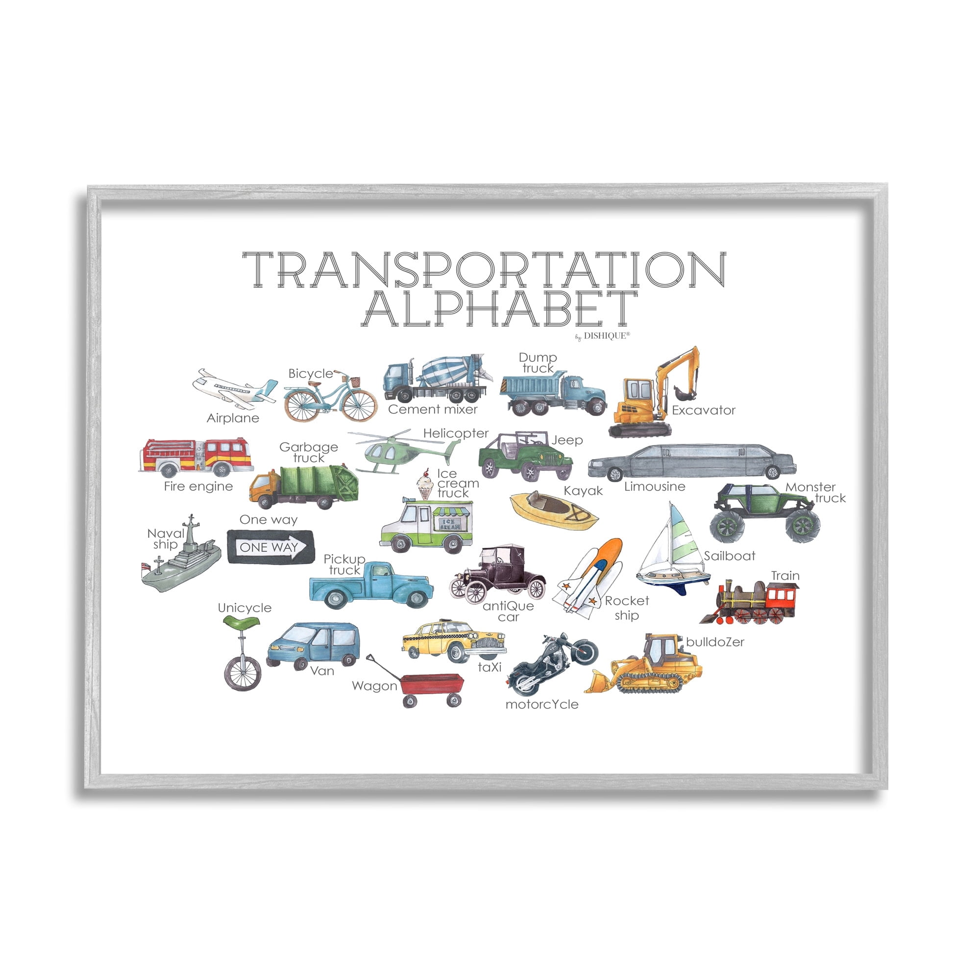 Stupell Industries Educational Transportation Alphabet Kids Learning Vehicles Cars Graphic Art Gray Framed Art Print Wall Art, Design by Dishique