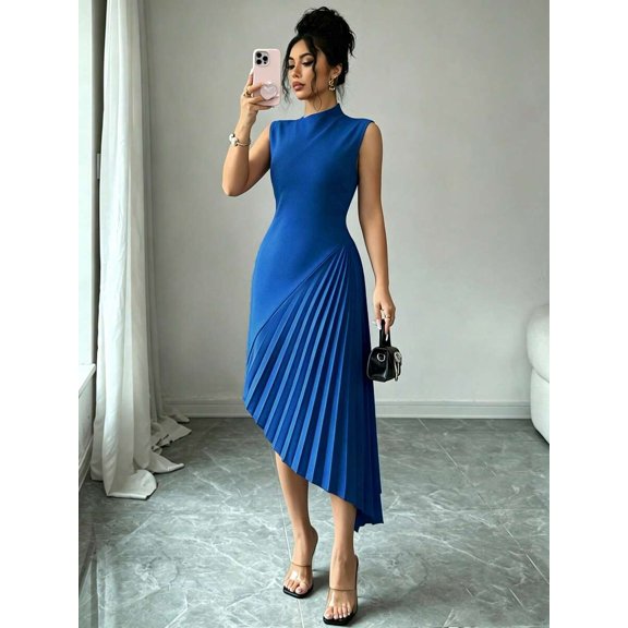 Blue Womens High Collar Sleeveless Asymmetrical Pleated Midi Dress
