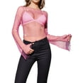 thumbnail image 3 of Women'S Rhinestone Body Chains Long Sleeve Tops Crystal See Through Mesh Fishnet Shirts Outfits Rose Red S, 3 of 7