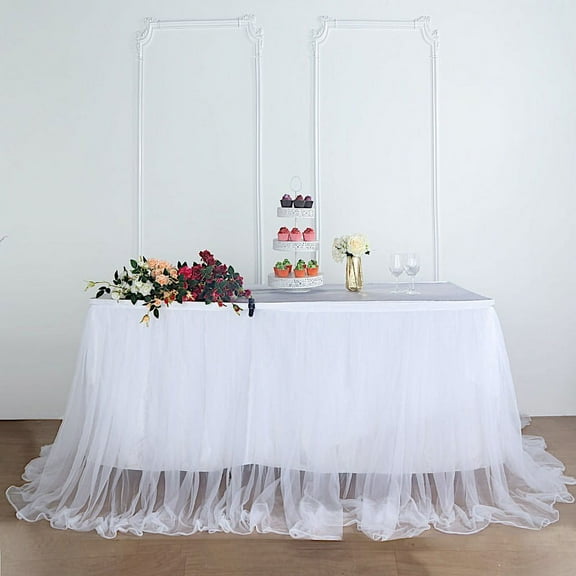 Balsa Circle 14 feet x 48" Table Skirt White Tulle Satin 2-Layer Linens Wedding Party Kitchen Dining Decorations