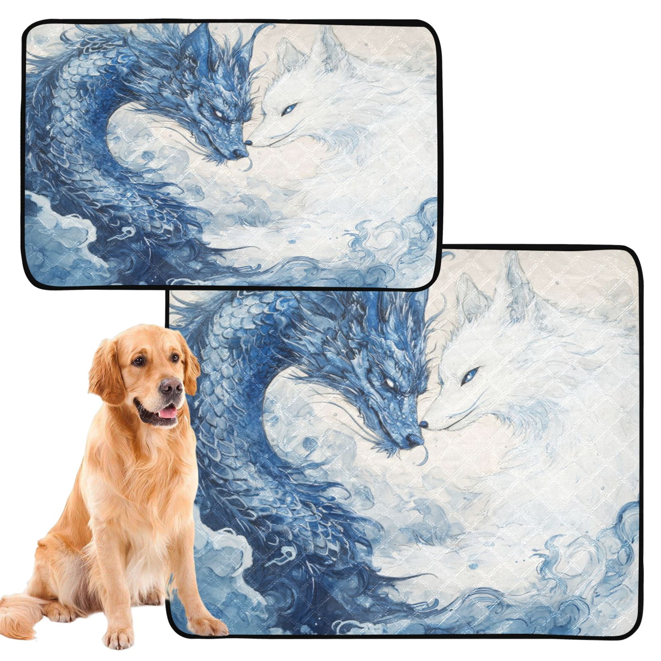 Qxltty Blue Dragon and White Fox Cat litter Pads Pet Set of 3 Diaper Mats Center Anti-leakage Layer Absorbent Soft and Comfortable