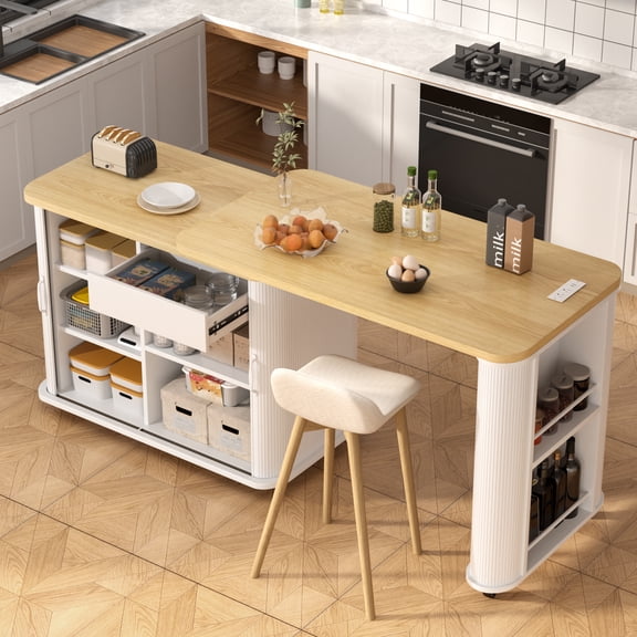 WARAYZ Rolling Kitchen Island with Swivel Table, Storage Cabinet and Power Outlet, Light Oak