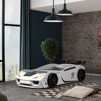 Furniture of America Blanche Kids Twin Platform Bed, ABS Plastic, with LED Headlights, Race Car Design, White