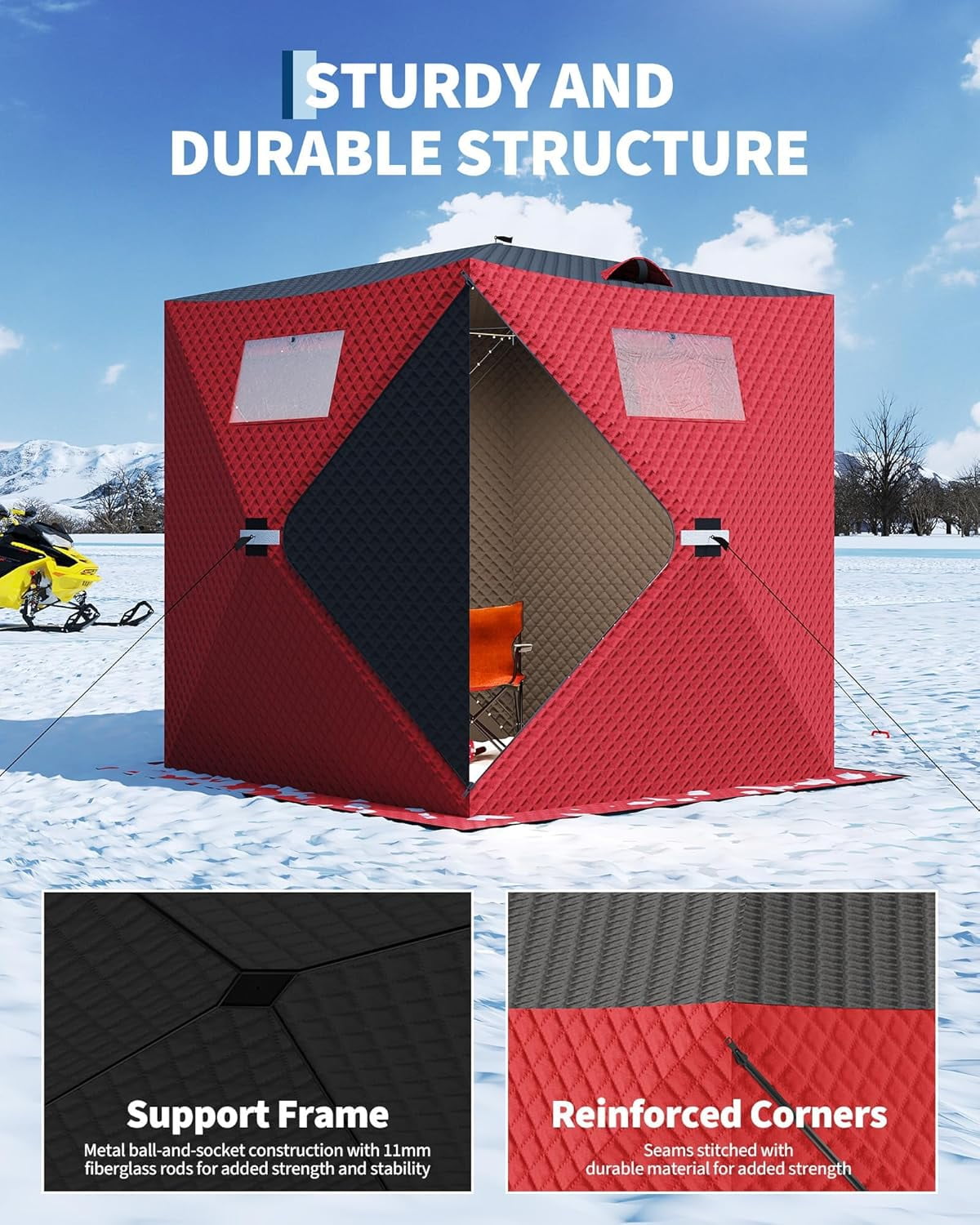 Lumiparty Pop Up Ice Fishing Tent Fully Insulated, Portable 3-4 Person Ice Fishing Shelter, Waterproof Oxford Fabric, Winter Windproof Hut Snow Hub with Anchors, Ropes & Carry Bag, Red & Black