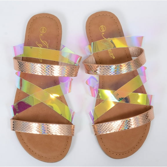 Iridescent Metallic Clear Strappy Flat Sandals - 6.5